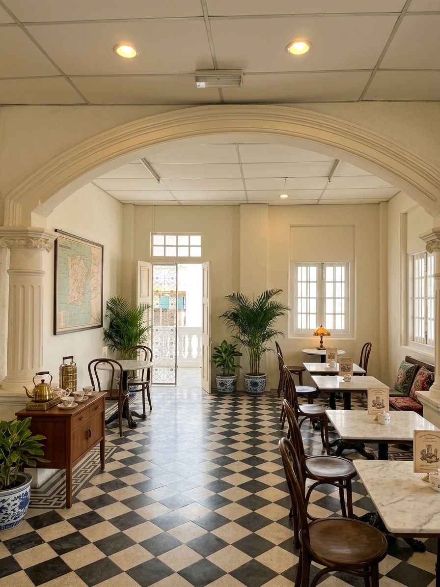 Shared cafe corner with marble tables and checkerboard floors