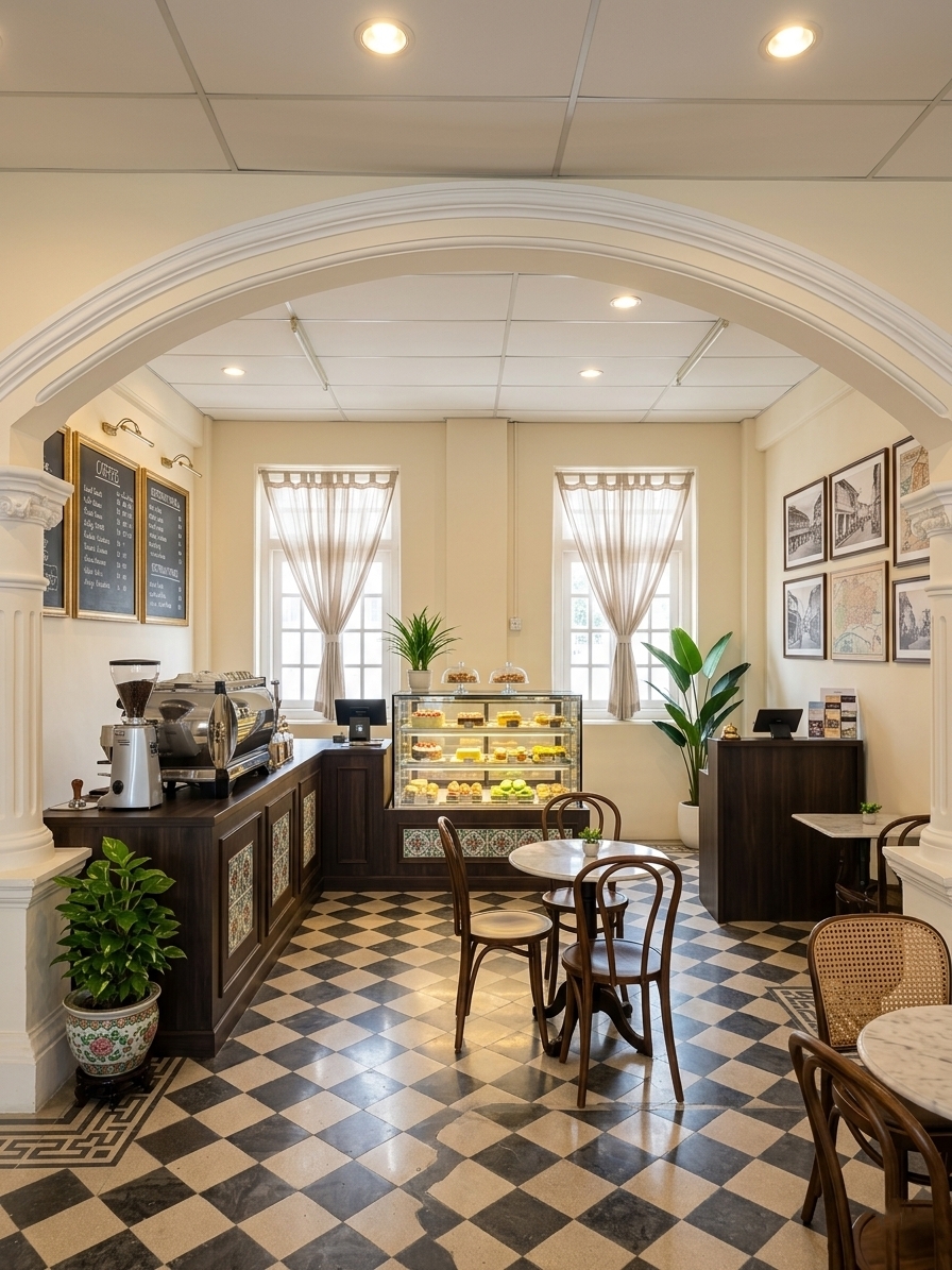 Cafe-style common area with pastry counter and marble tables