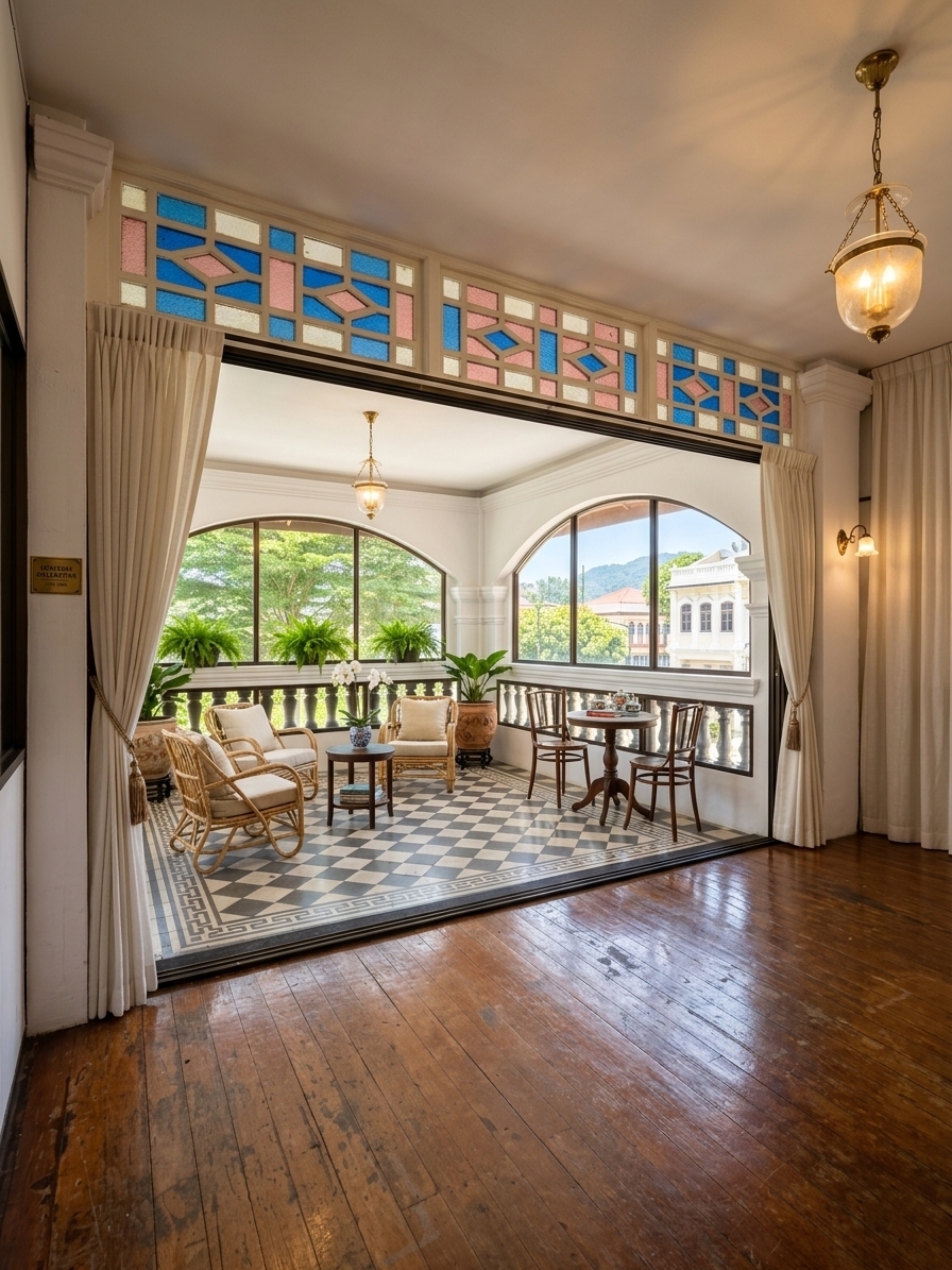 Sunlit lounge with checkerboard flooring and stained glass detail
