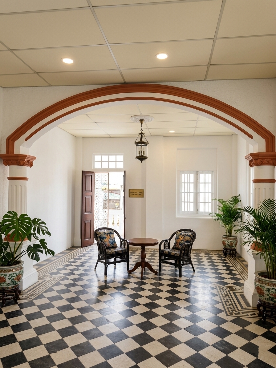 Open sitting area framed by heritage arch